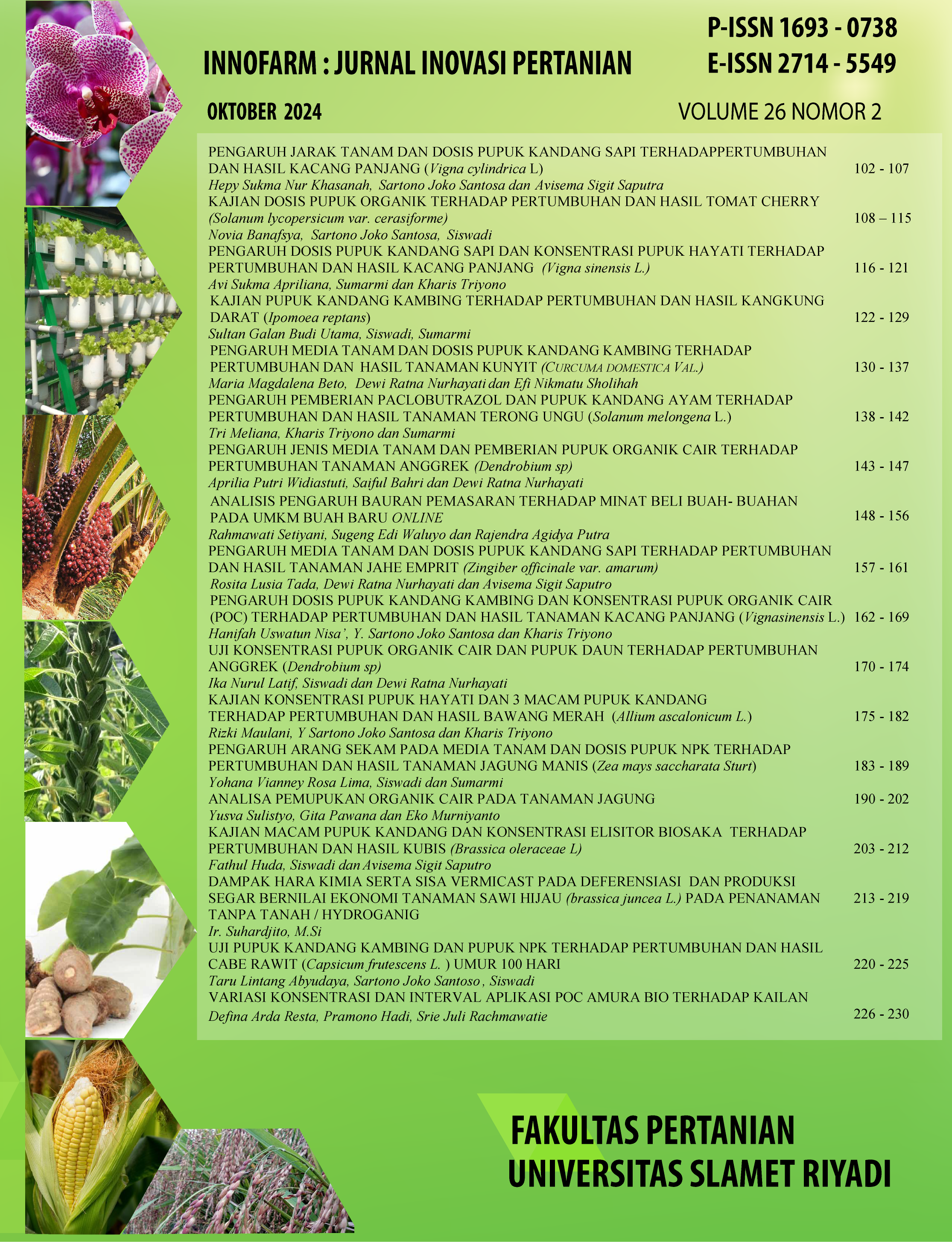 					View Vol. 26 No. 2 (2024): JURNAL INNOFARM : Jurnal Inovasi Petanian
				