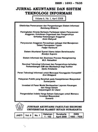 					View Vol. 6 No. 1 (2008): Akuntansi dan Sistem Teknologi Informasi
				